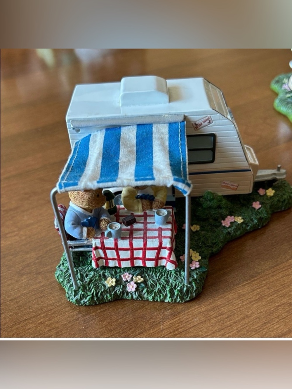 Faithful Fuzzies  Miniature Camper with Bears and Blue Striped Awning